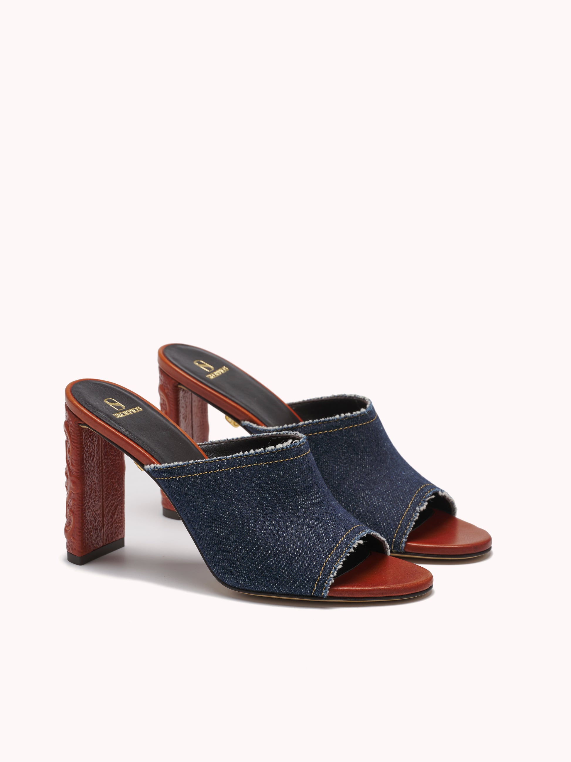 blue denim high-heel mules with embossed brown leather maison skorpios by adriana abascal Emanuele filiberto
