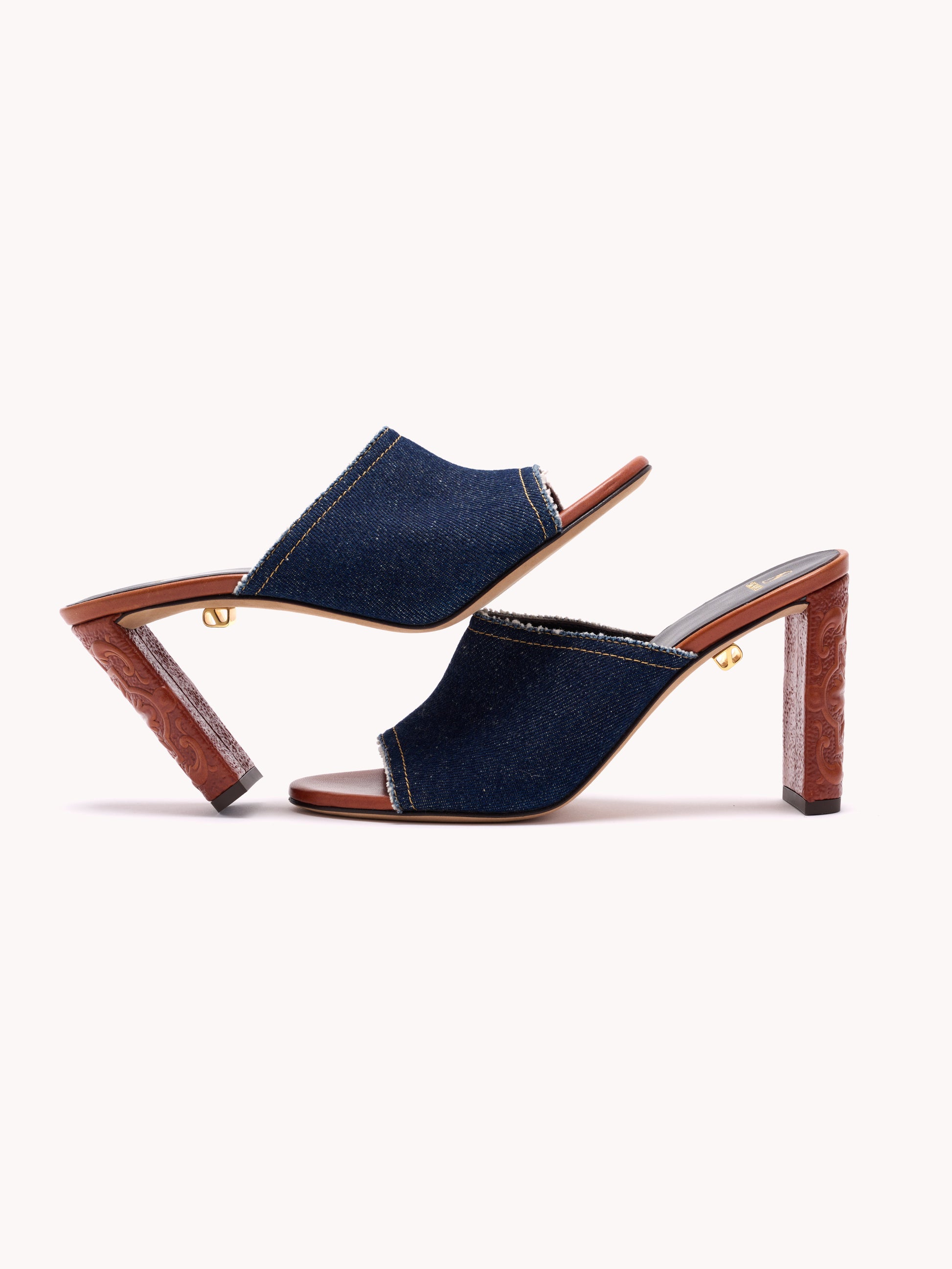sophisticated high-heel blue denim mules maison skorpios by adriana abascal emanuele filiberto