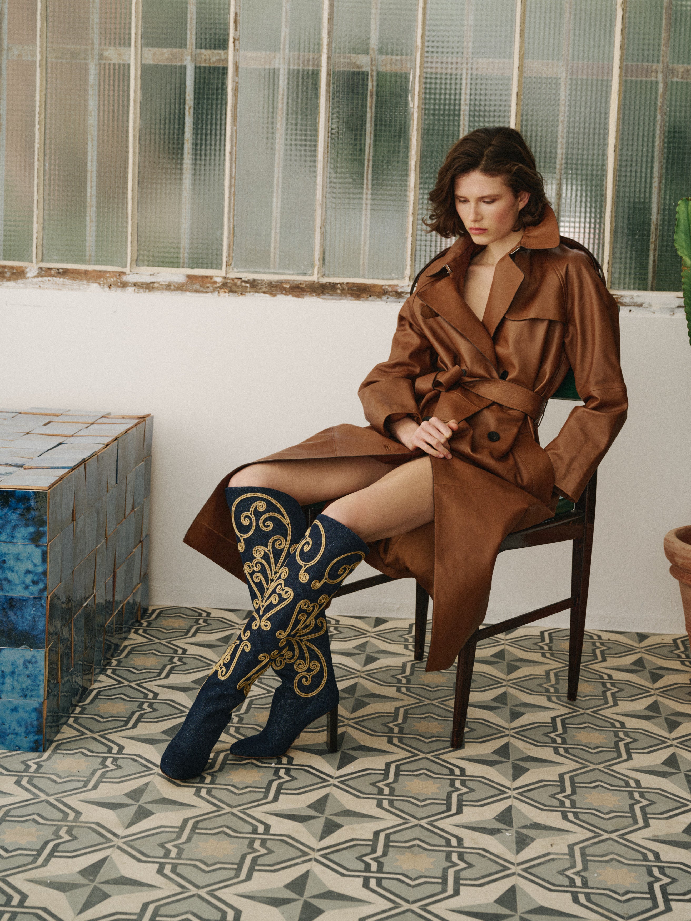 luxury high blue denim boots with high heels inspired by Spain maison skorpios by adriana abascal Emmanuel de savoie