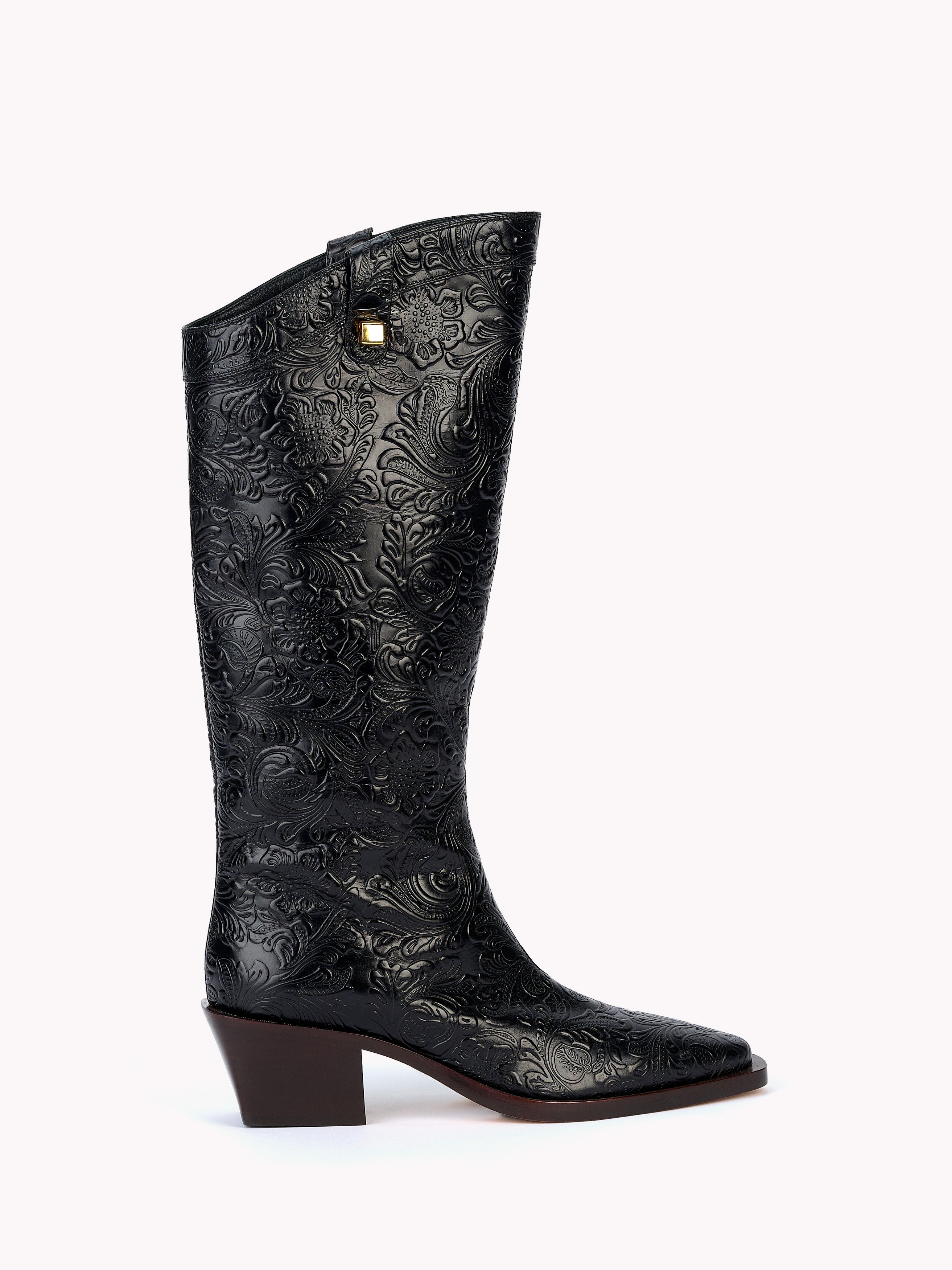 Bottes western en cuir noir floral par Adriana Abascal Emmanuel de savoie