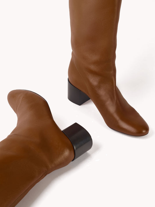 Mid heel brown leather boots for women maison skorpios by adriana abascal emanuele filiberto