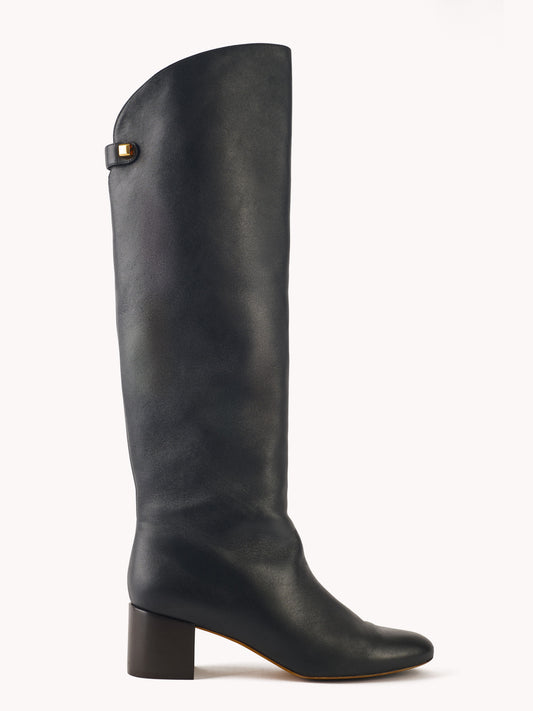 minimalist black leather mid heel boot maison skorpios by adriana abascal emanuele filiberto