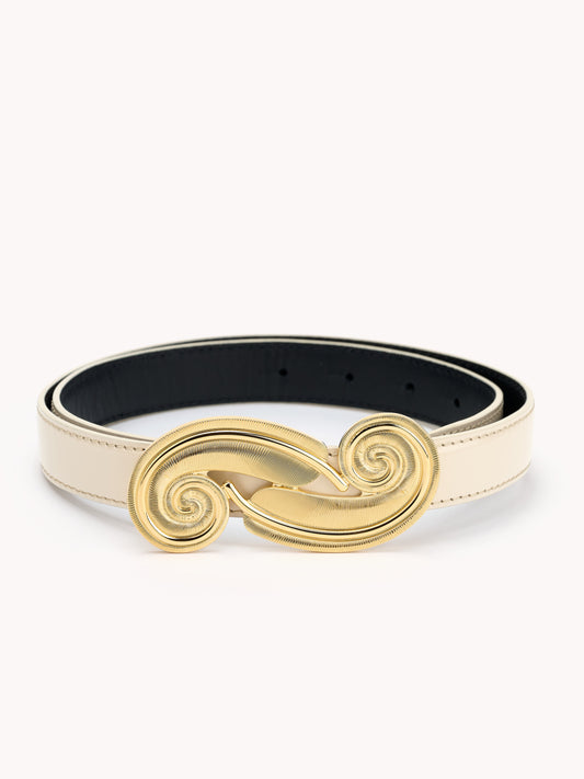 Luxury belt for women in beige cream shiny leather and feather gold brass buckle Maison Skorpios by Adriana Abascal