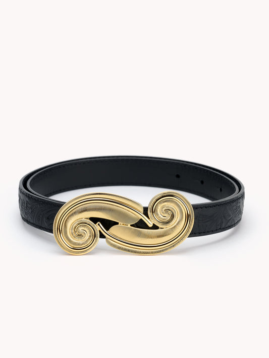 Luxury belt in black embossed floral leather and feather buckle Maison Skorpios by Adriana Abascal