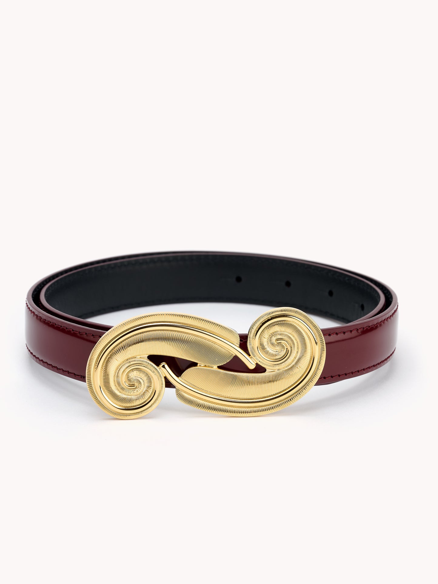 Luxury burgundy belt with feather gold brass buckle Maison Skorpios by Adriana Abascal