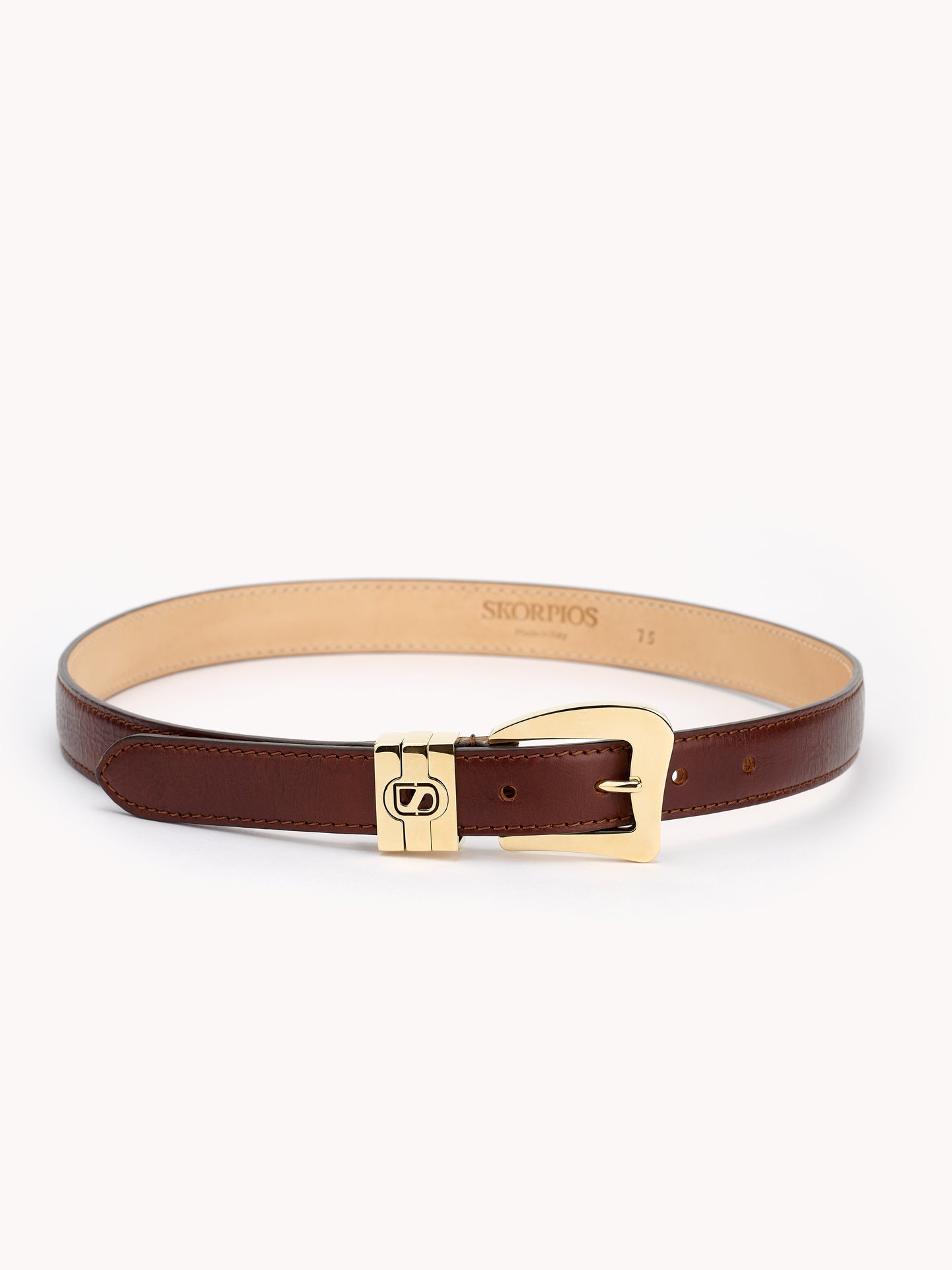 luxury belt for women in dark cognac calf leather and gold brass buckle Maison Skorpios by Adriana Abascal