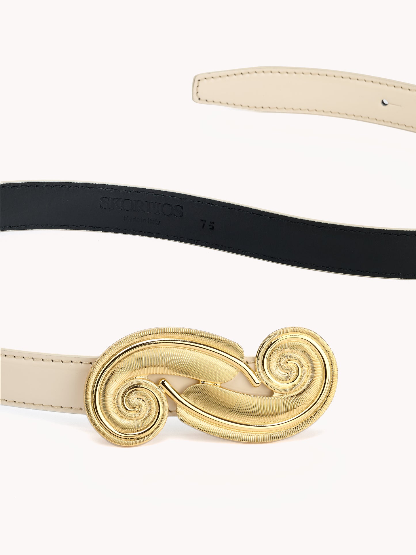 original feather belt for women luxury glossy beige calf leather Maison Skorpios by Adriana Abascal