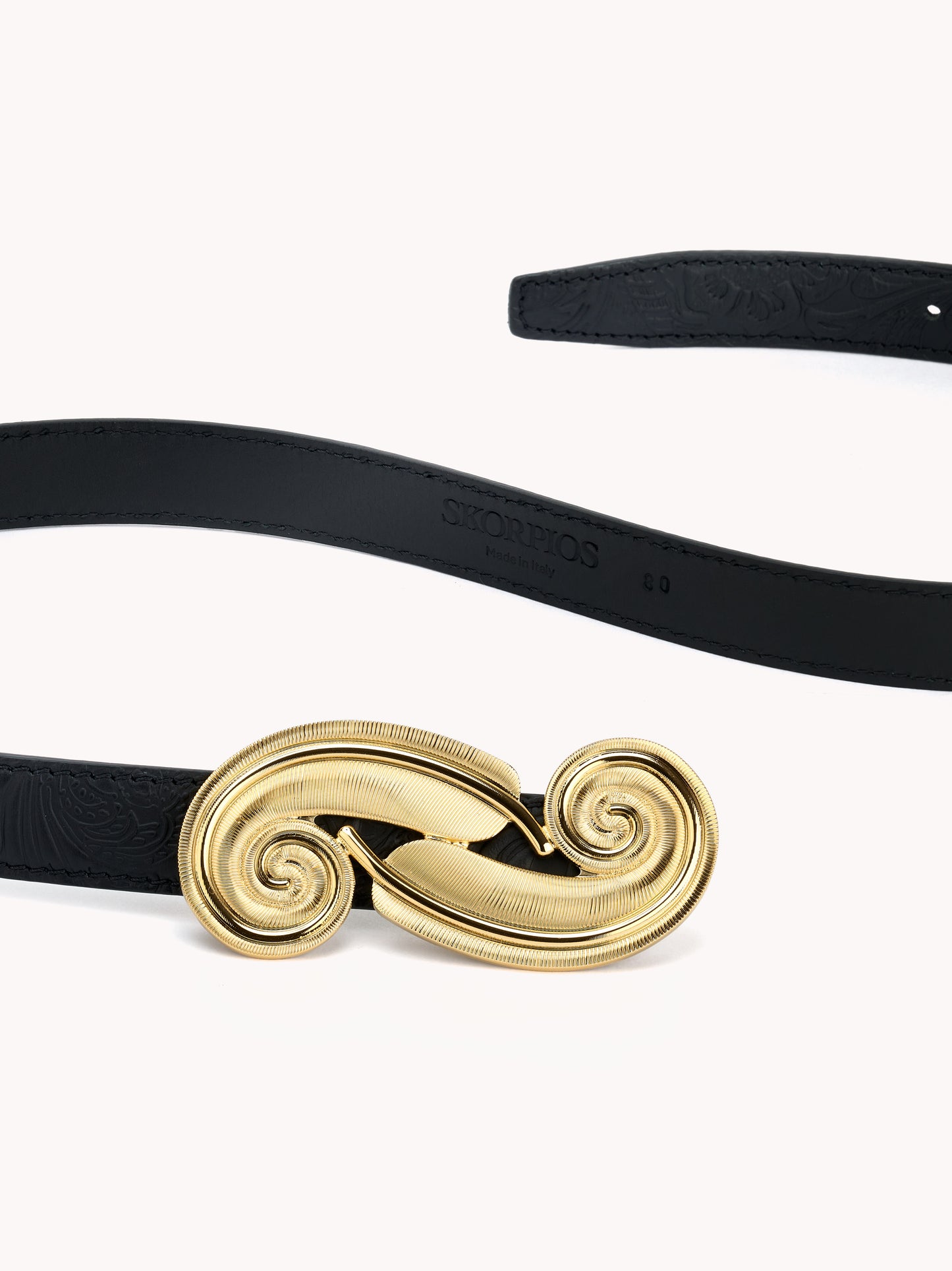 Feather belt luxury black embossed floral leather Maison Skorpios by Adriana Abascal