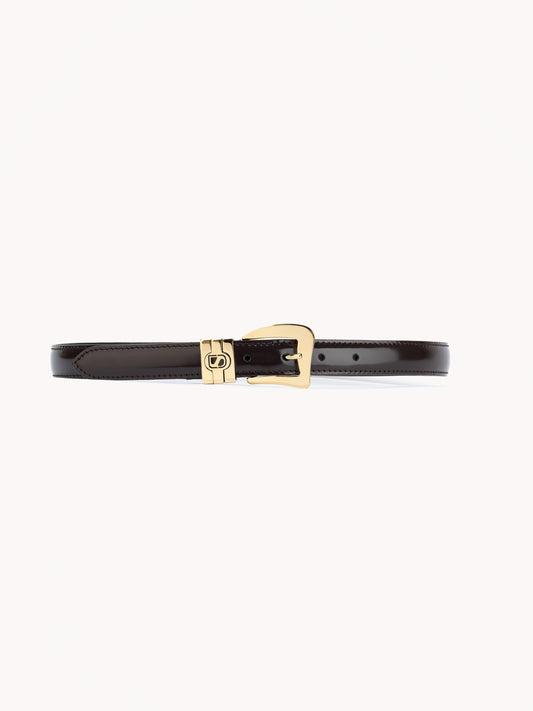 luxury belt for women in brown shiny calf leather Maison Skorpios by Adriana Abascal