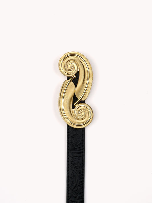 elegant luxury belt with feather gold brass buckle Maison Skorpios by Adriana Abascal