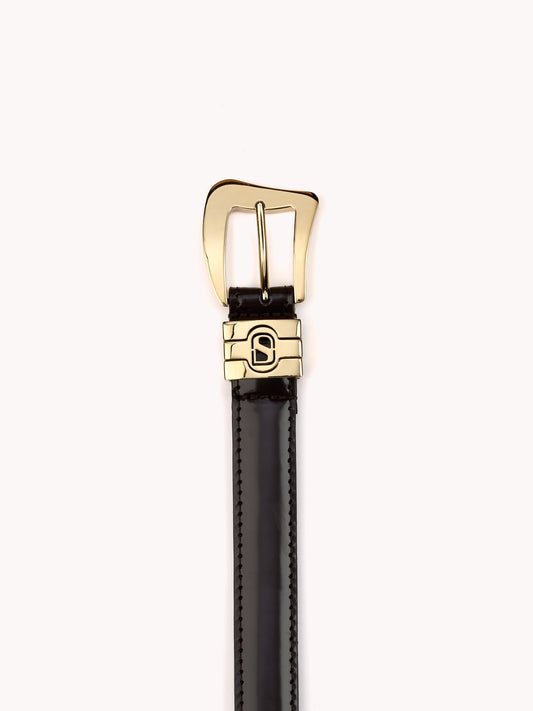 luxury belt in elegant brown shiny calf leather Maison Skorpios by Adriana Abascal