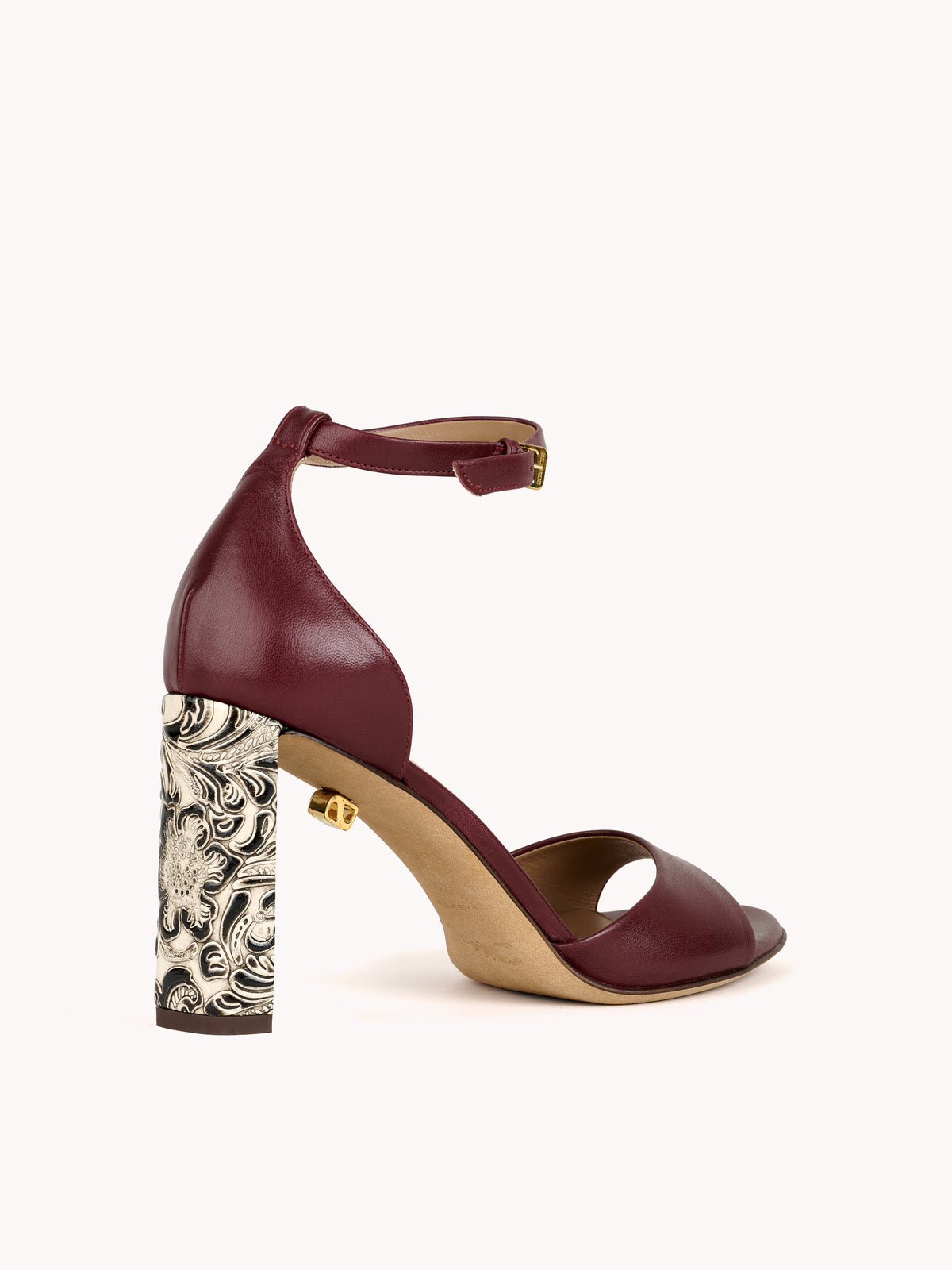 Valentina burgundy leather sandals with embossed high heels