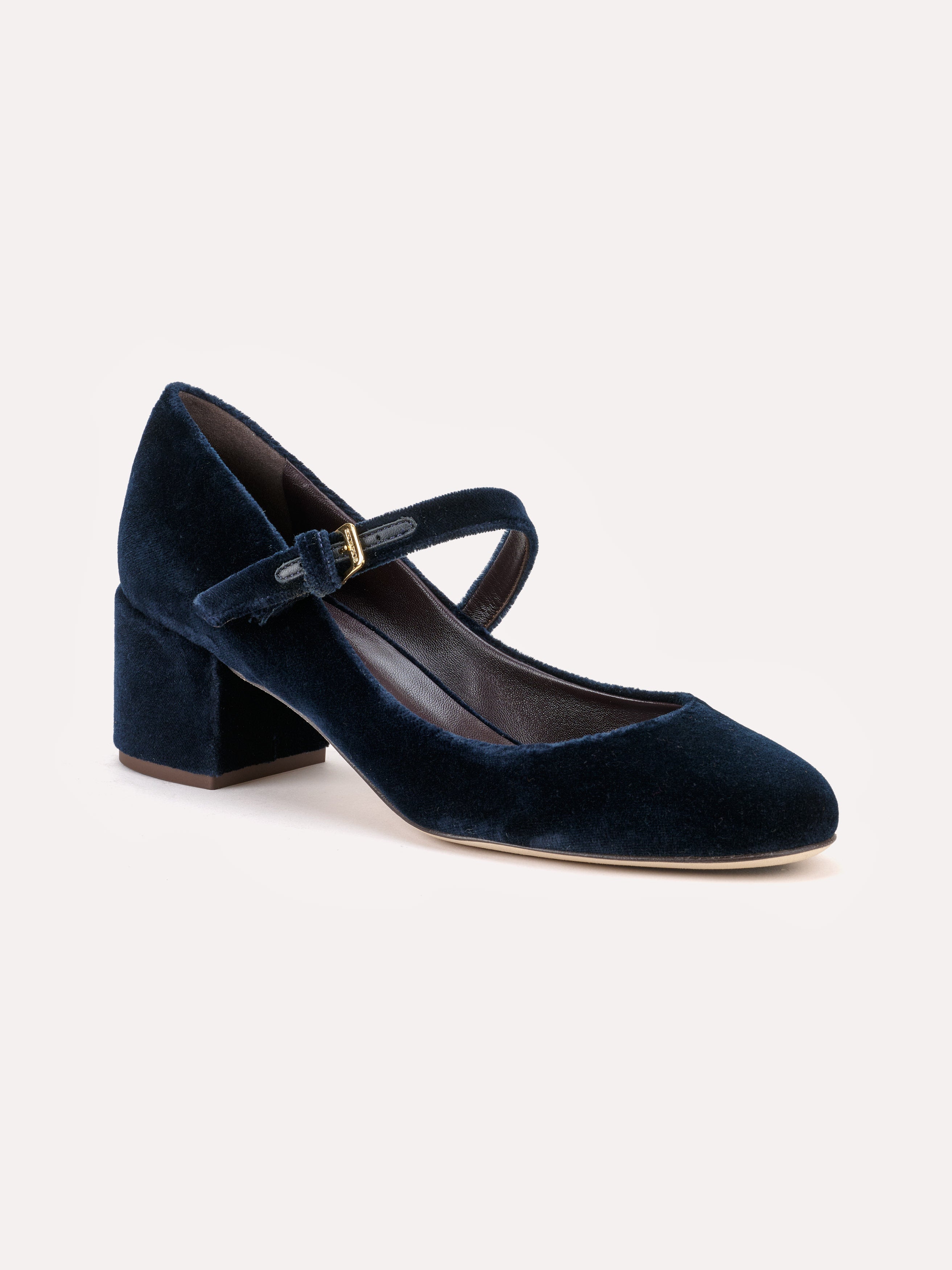 Babies Jane en velours bleu nuit et talons bloc moyen - Maison Skorpios par Adriana Abascal