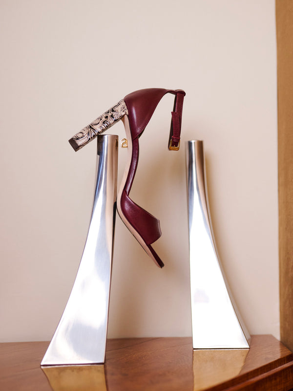 Valentina burgundy leather sandals with embossed high heels - Maison Skorpios by Adriana Abascal