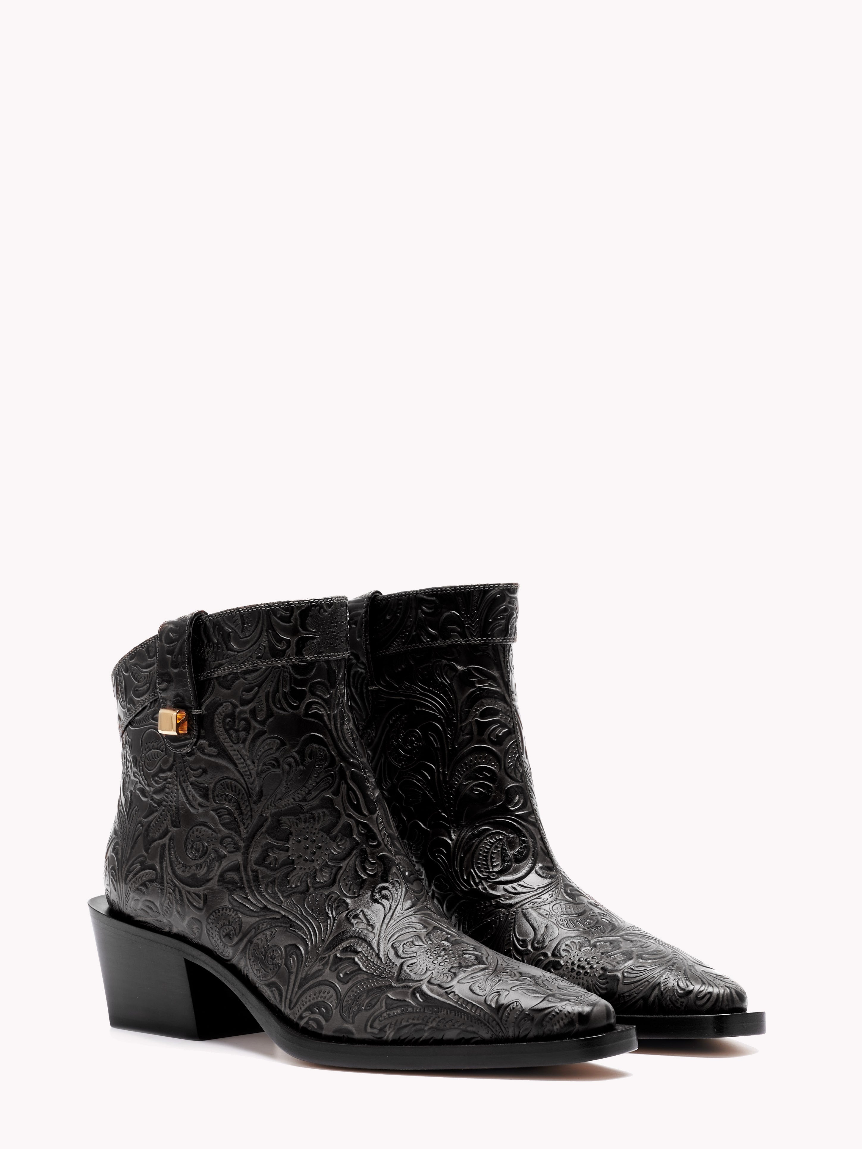 Luxury ankle boots in black embossed leather made in Italy by Adriana Abascal Emanuele filiberto