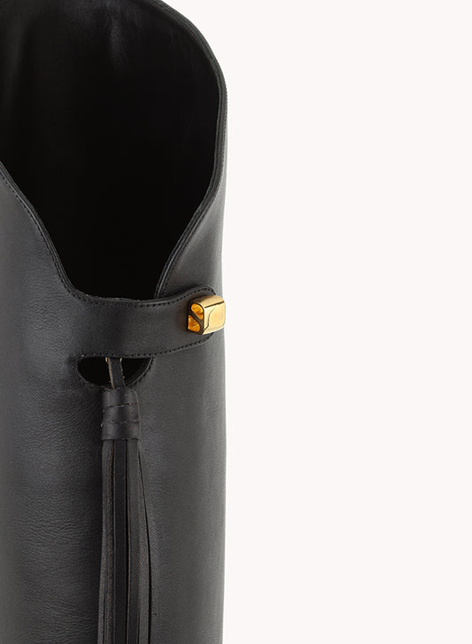 Luxury boots in black nappa leather with fringes Maison skorpios by adriana abascal Emanuele filiberto