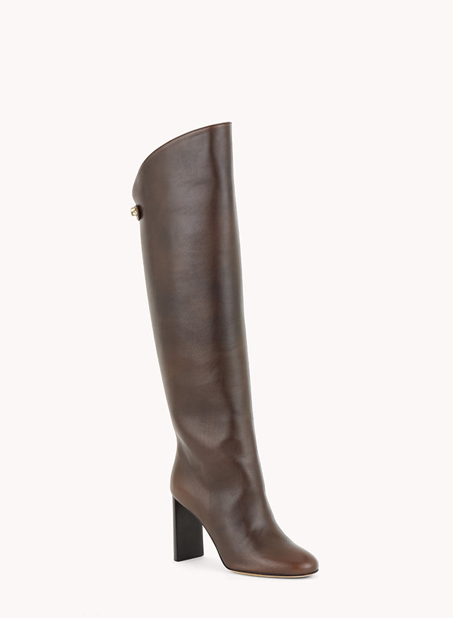luxury high leather brown boots with high heels maison skorpios by adriana abascal emanuele filiberto