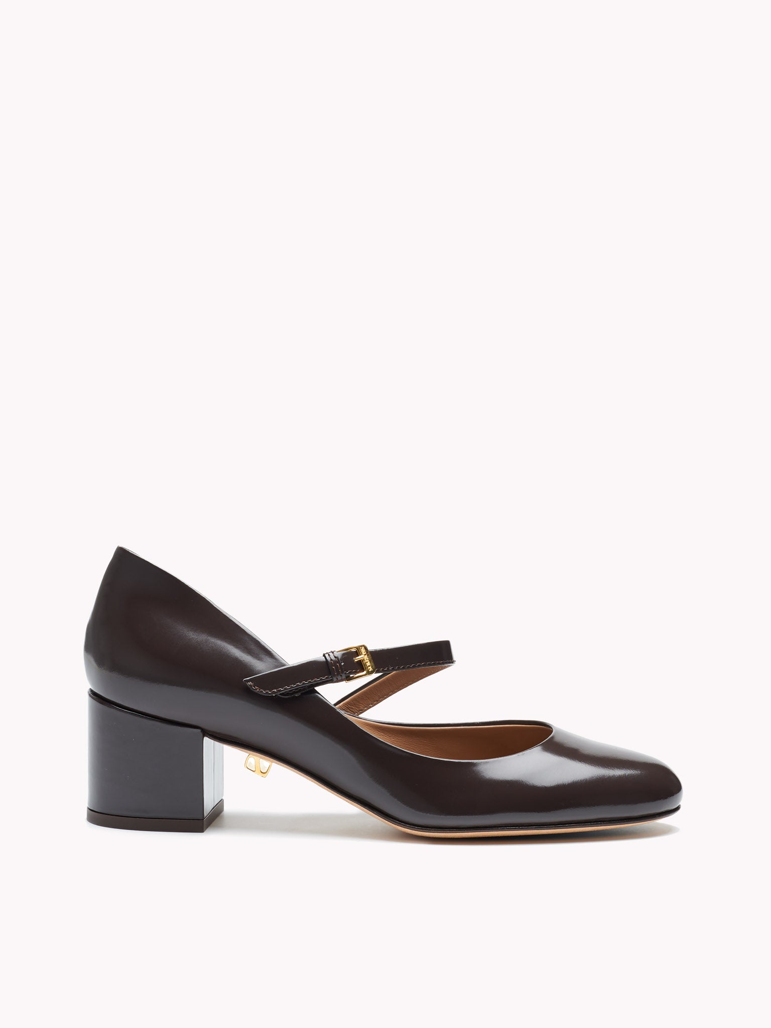 Luxury mary jane in brown glossy leather Maison Skorpios by Adriana Abascal filiberto di savoia