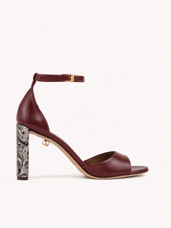 Valentina burgundy leather sandals with embossed high heels