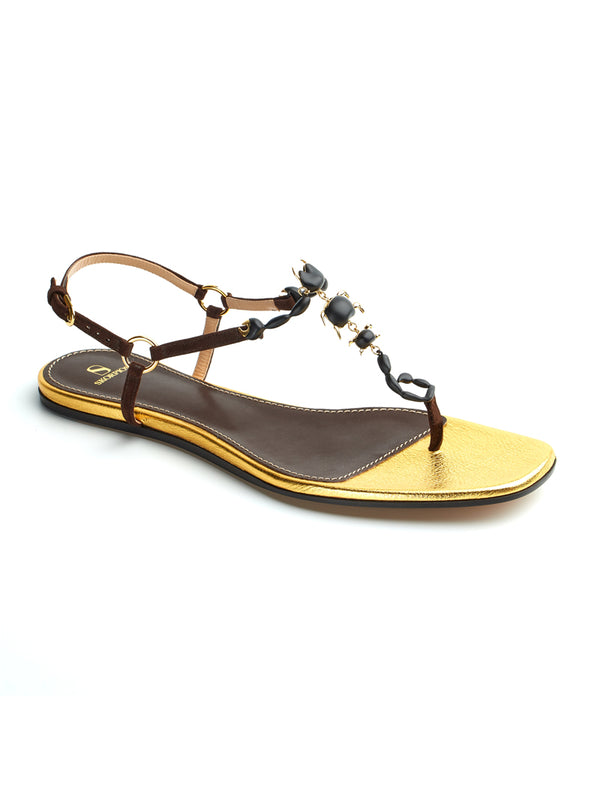 Luxury flat sandal with brown suede and gold leather maison skorpios by adriana abascal emanuele filiberto di Savoia