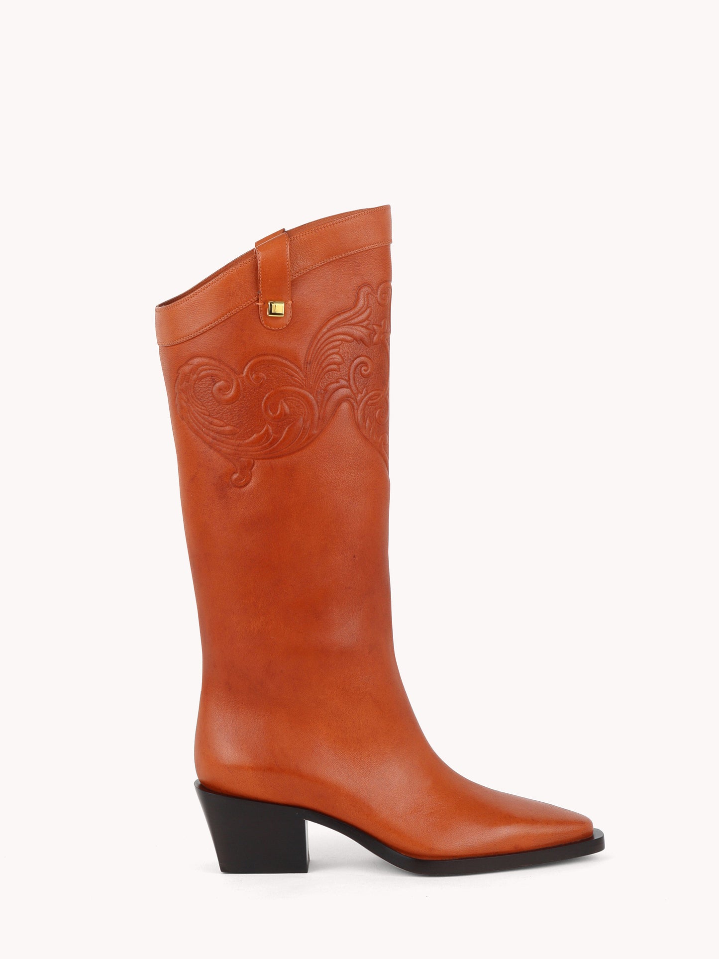 Chestnut brown nappa embossed leather western boots Maison Skorpios by Adriana Abascal Emanuele filiberto