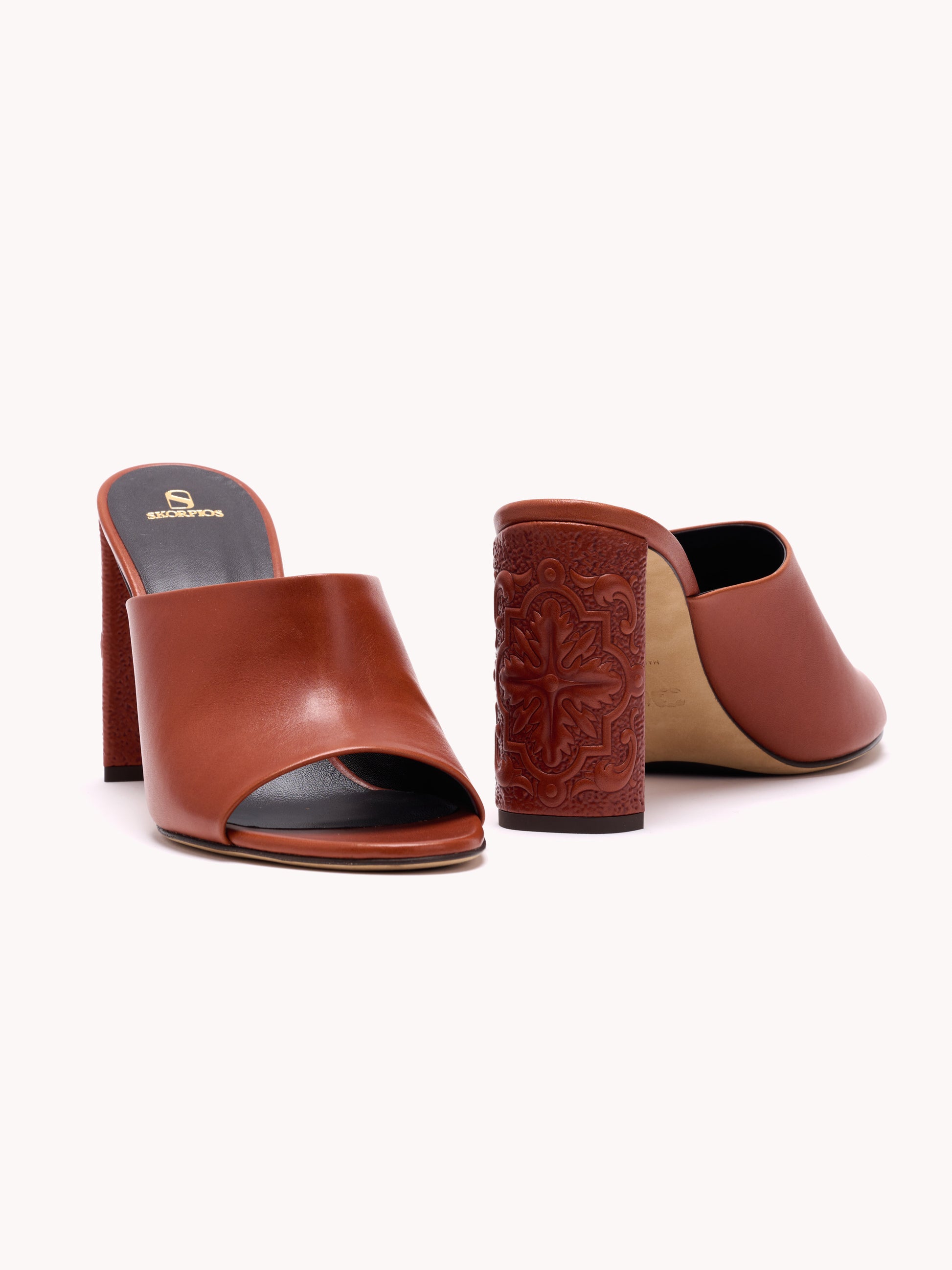 Luxury brown mules with original heels maison skorpios by adriana abascal emanuele filiberto