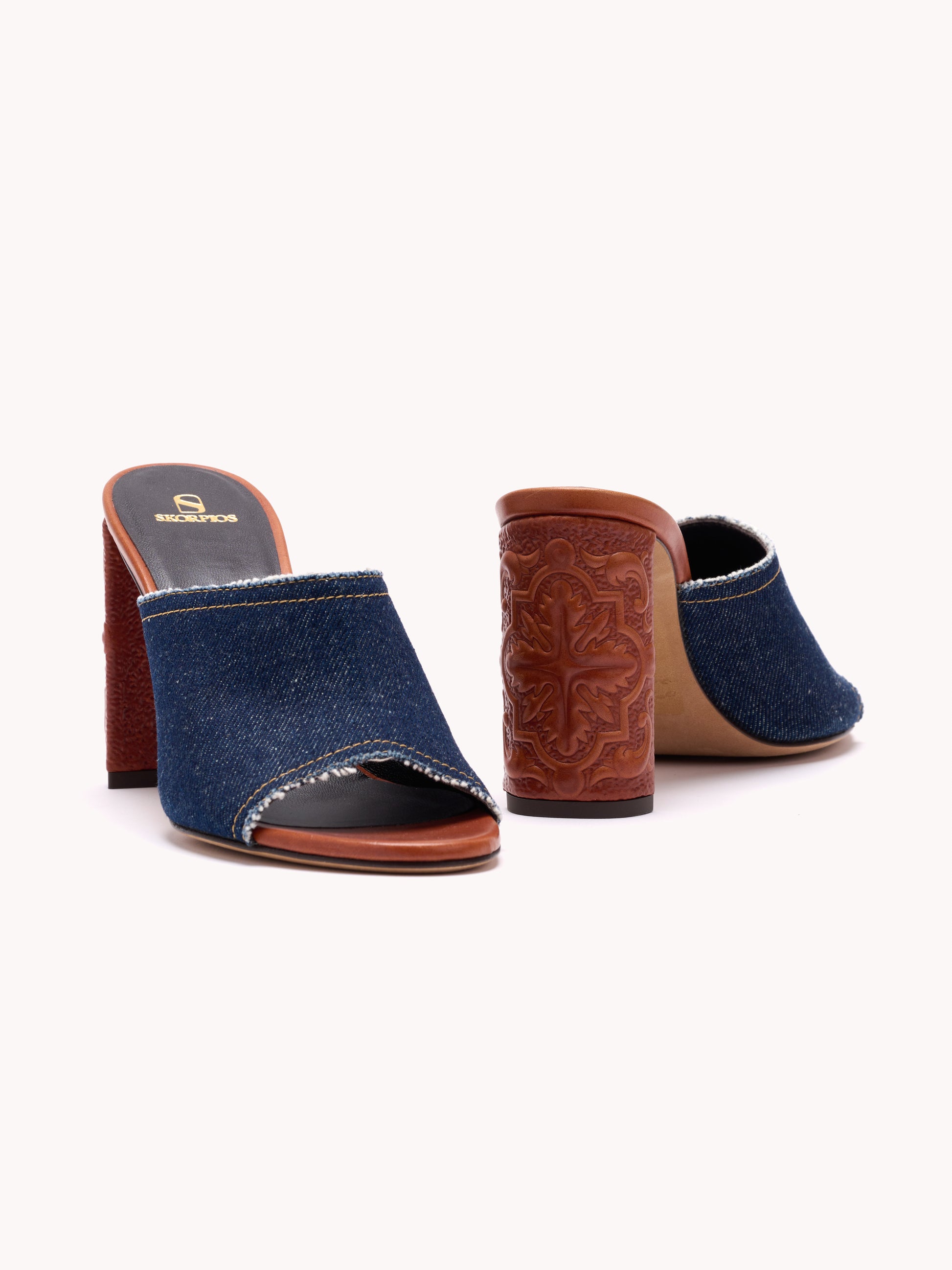 high-heel mules in blue denim and embossed brown leather maison skorpios by adriana abascal emanuele filiberto