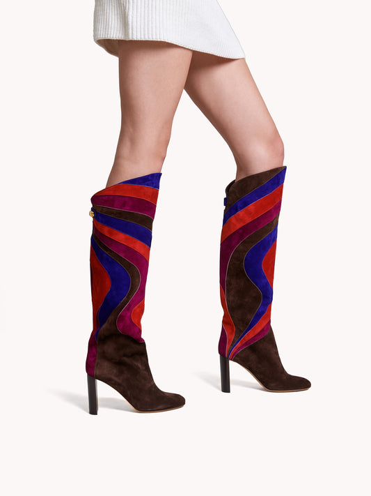 multi-colored patchwork high-heel boots for women maison skorpios by adriana abascal Filiberto de Saboya