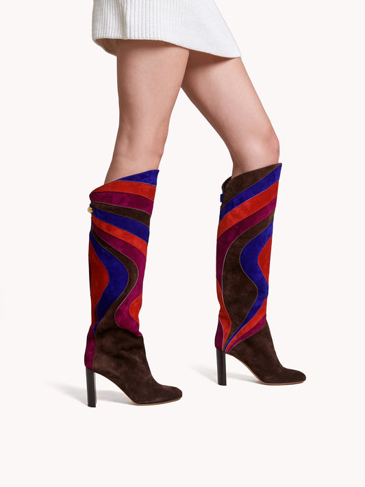 multi-colored patchwork high-heel boots skorpios