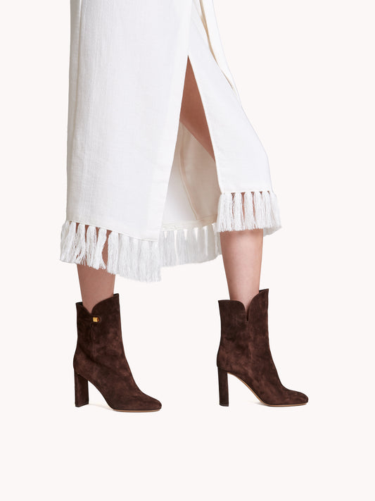 Elegant suede ankle boots in brown leather and high heels made in italy maison skorpios by adriana abascal emanuele filiberto di Savoia