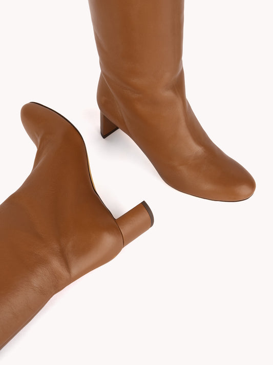 elegant cognac mid heel leather boots for women skorpios