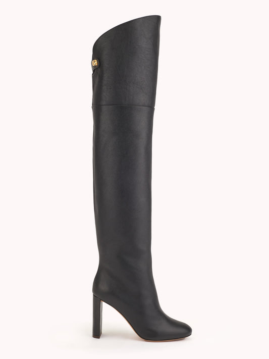 luxurious metallic black nappa leather over the knee high-heel boots maison skorpios by adriana abascal emanuele filiberto di savoia