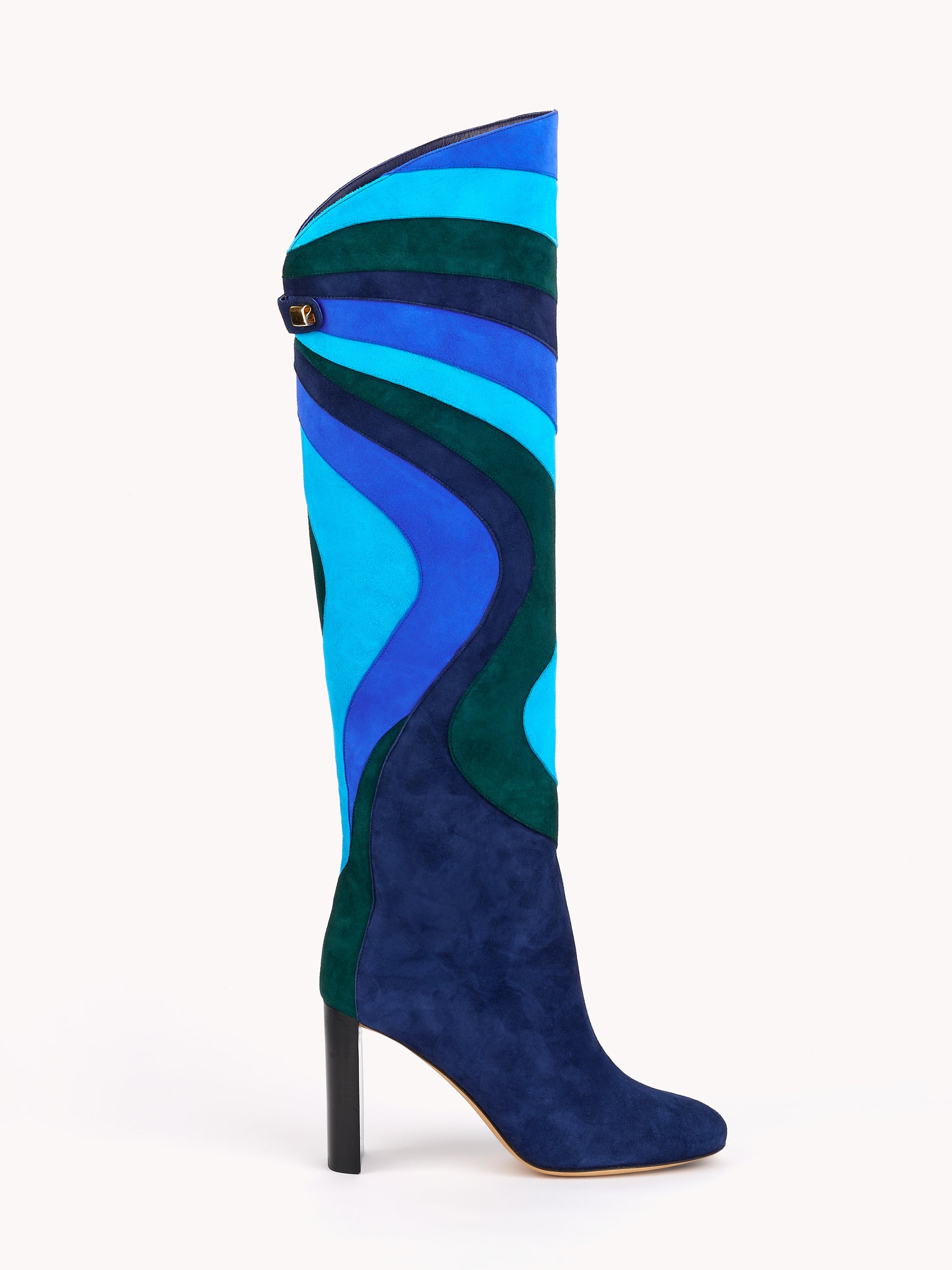 Knee high blue patchwork high-heel boots maison skorpios by adriana abascal Filiberto de Saboya