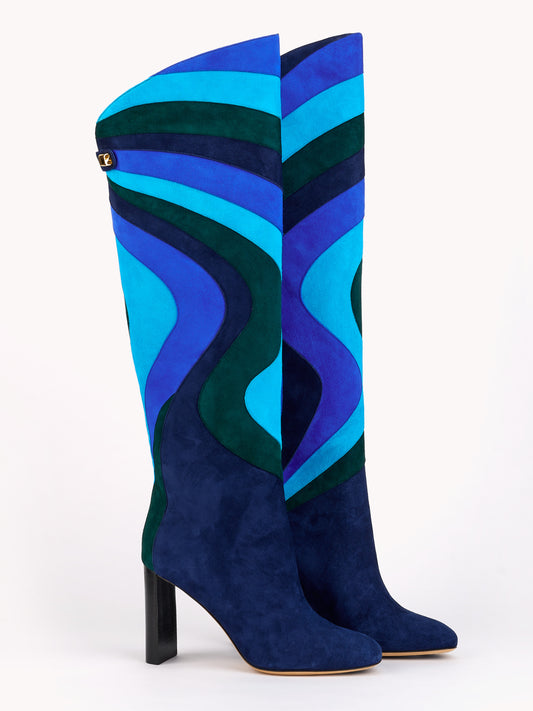 luxury patchwork boots in suede blue and high heelsmaison skorpios by adriana abascal Filiberto de Saboya