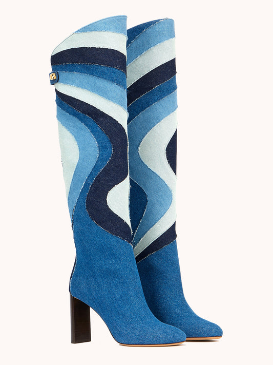 designer trendy boots in denim patchwork high-heel maison skorpios by adriana abascal Emanuele filiberto