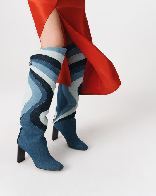 singular denim patchwork high-heel boots maison skorpios by adriana abascal Emanuele filiberto