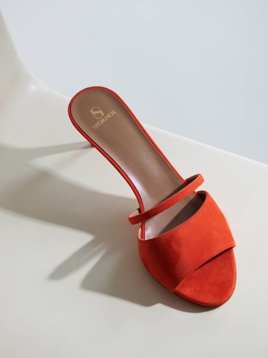 designer mules orange papaya cashmere suede mid height stiletto heels skorpios
