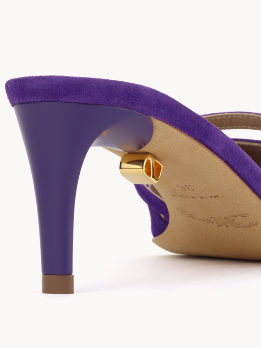 mid height stiletto heels purple suede mules skorpios