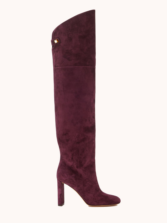 Bottes cuissardes à talons hauts Marylin en daim bordeaux - Maison Skorpios par Adriana Abascal