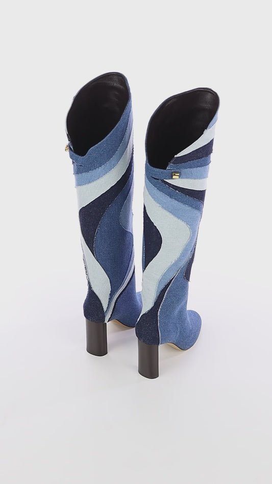 denim patchwork high-heel boots made in Italy maison skorpios by adriana abascal Emanuele filiberto