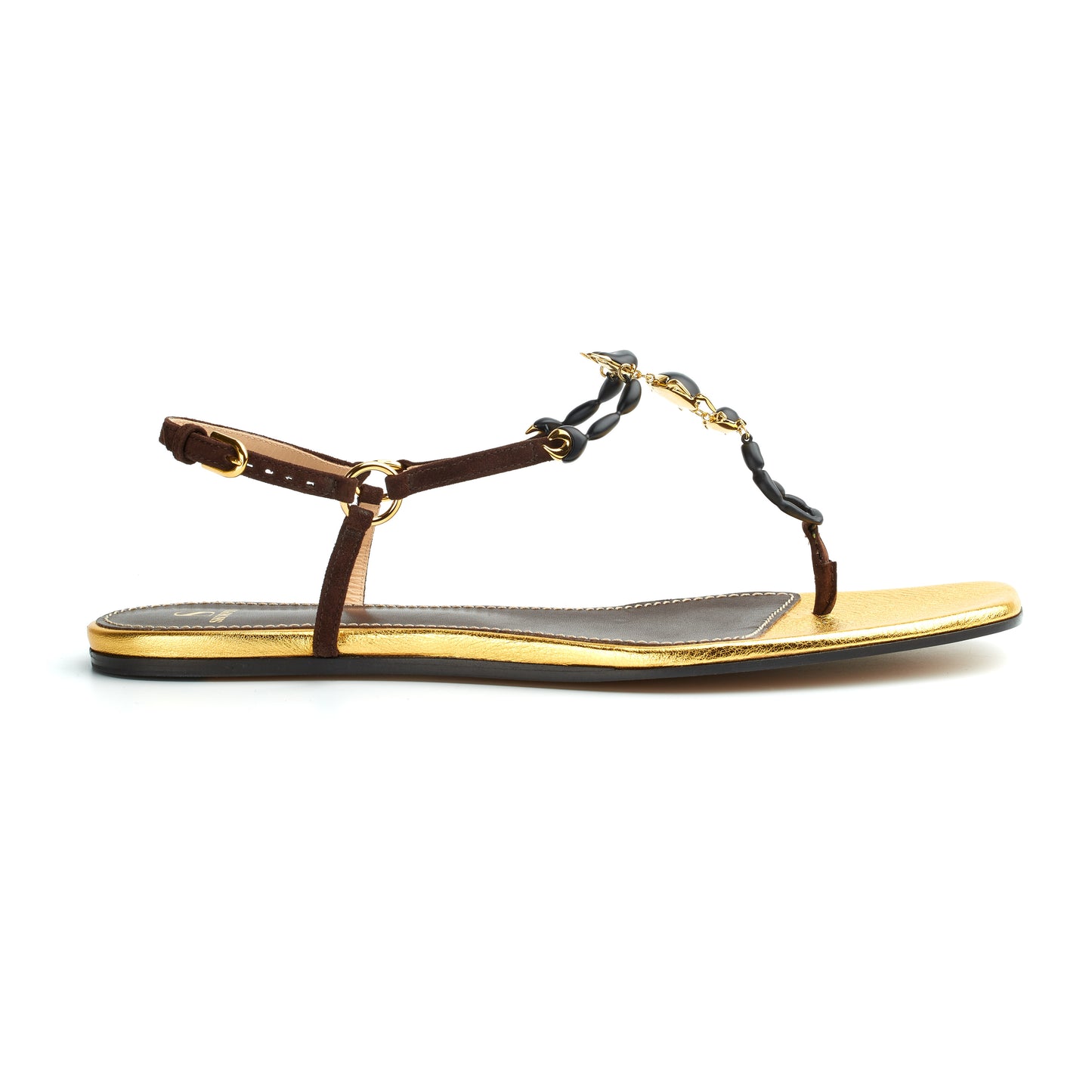 luxurious black suede and gold leather flat sandals maison skorpios by adriana abascal emanuele filiberto di Savoia