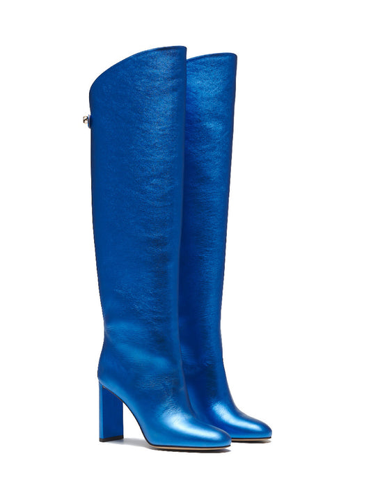 Stivali Adriana in Pelle Nappa Metallizzata Blu con Tacco Alto