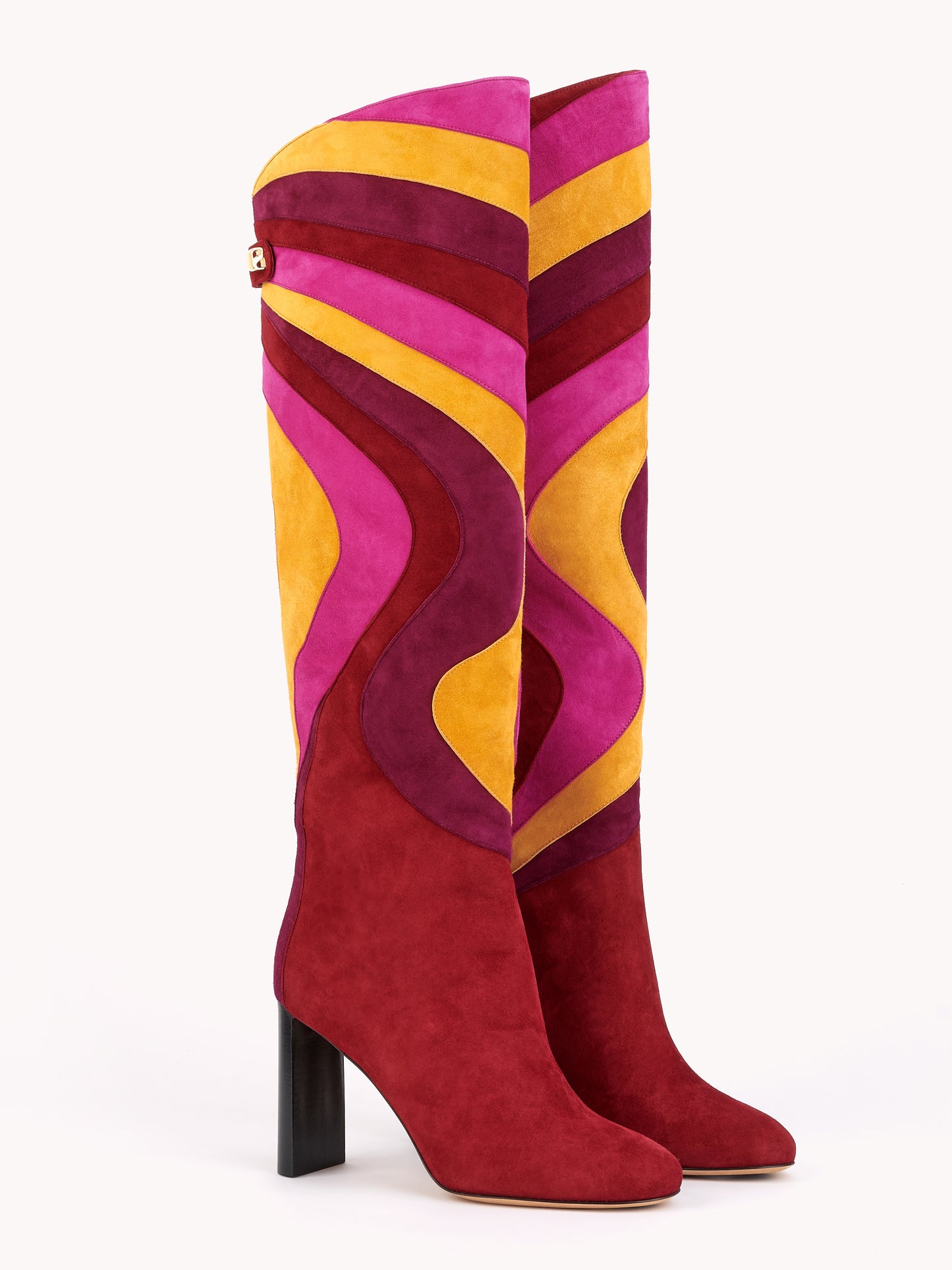 Stivali Aurora in Pelle scamosciata Bordeaux con Tacco Alto e Patchwork