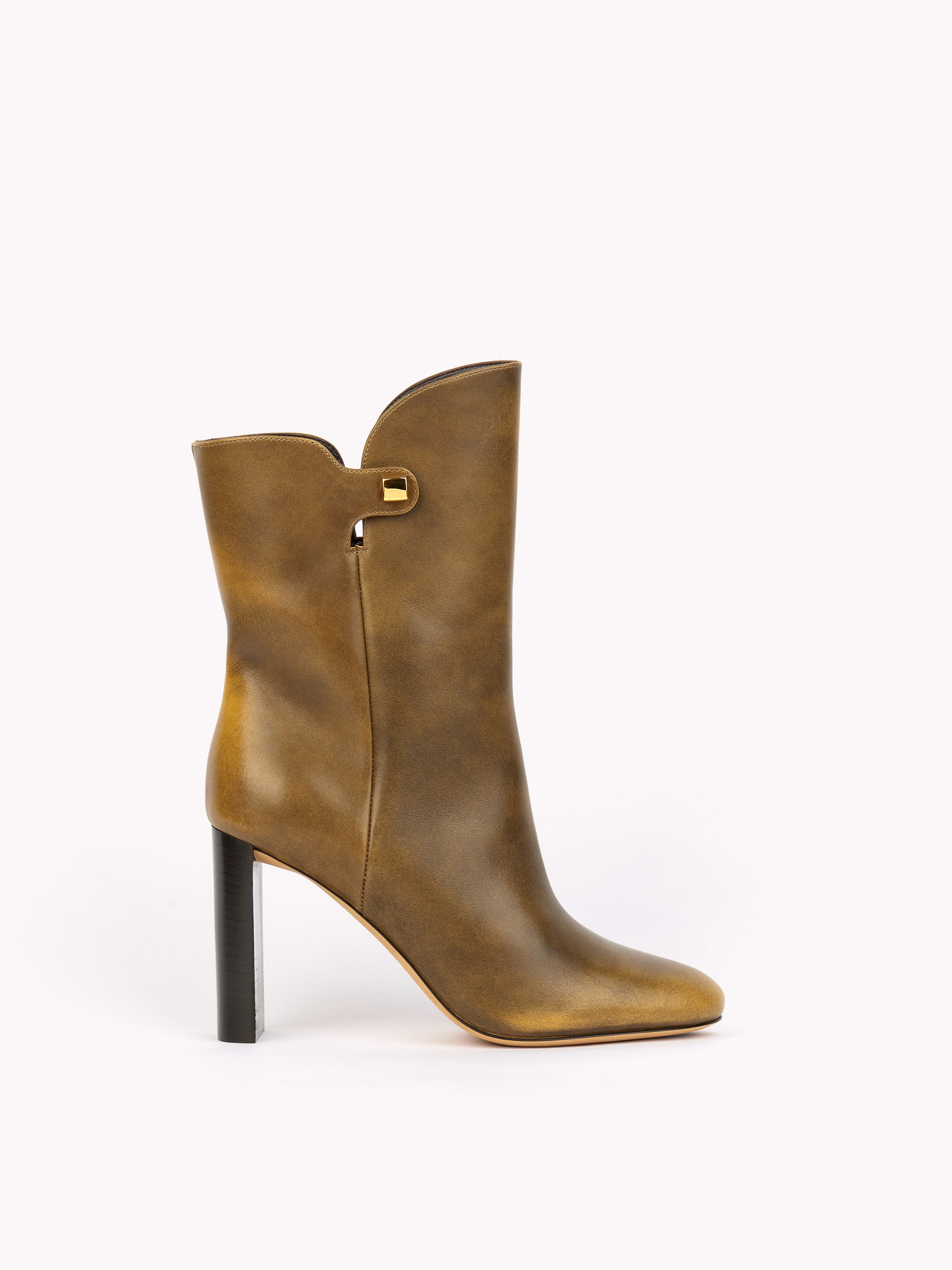 high-heel golden brown leather ankle boots skorpios