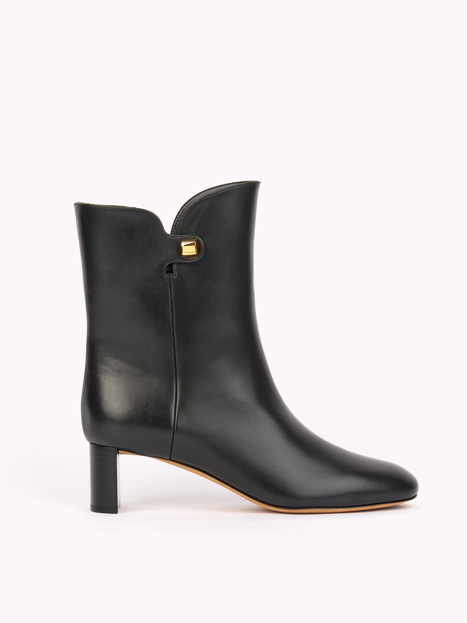 designer ankle boots black leather mid-heel skorpios