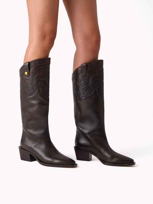 brown chocolate embossed leather luxurious santiag Maison Skorpios by Adriana Abascal Emanuele filiberto