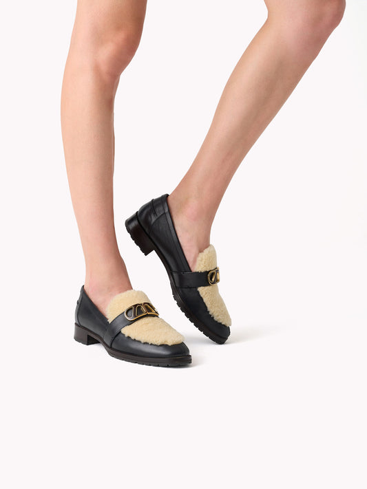 sheepskin black leather brushed loafers androgynous style maison skorpios by adriana abascal emanuele filiberto