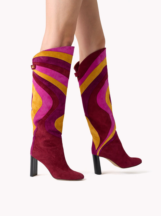Stivali Aurora in Pelle scamosciata Bordeaux con Tacco Alto e Patchwork
