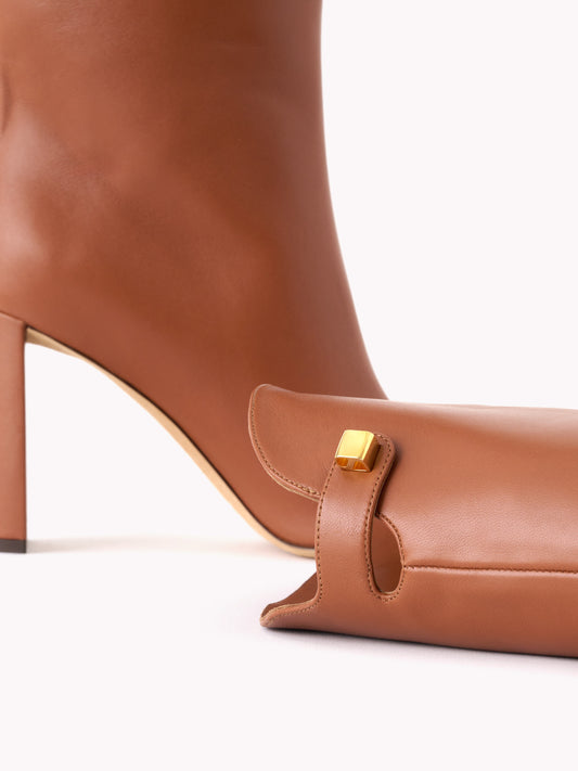 luxury cognac leather boots with high heels skorpios
