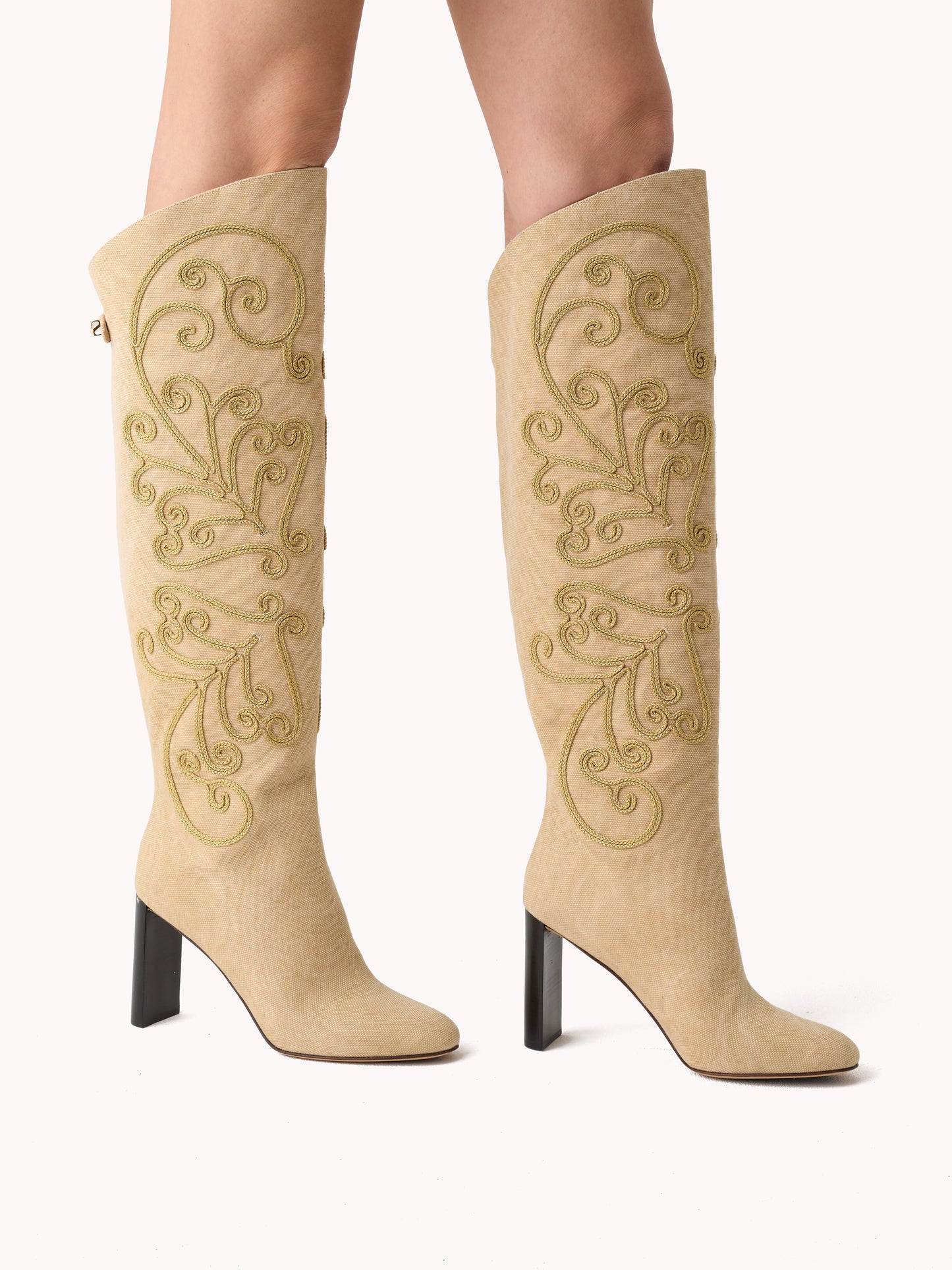 luxury sand canvas knee high boots comfortable high heels made in Italy skorpios